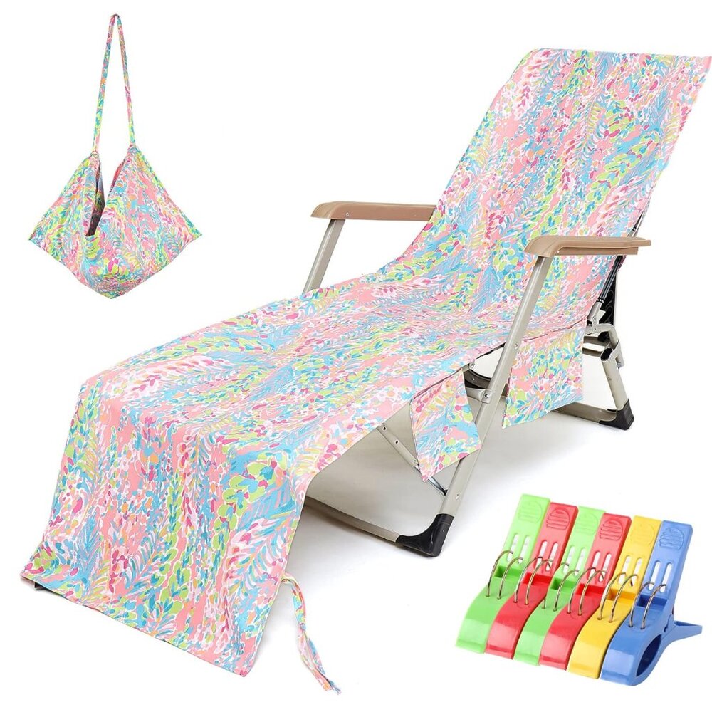 Pink Chaise Lounge Cover with Pockets and Clips for Beach, Pool. Beach Towel